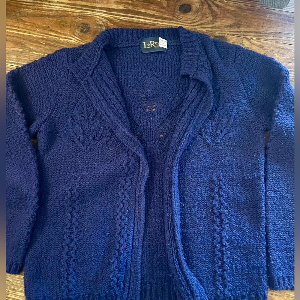 VTG LeRoy Ladies Navy Open Cardigan Cable Knit Sz L Grandma Chic  Soft  Preppy